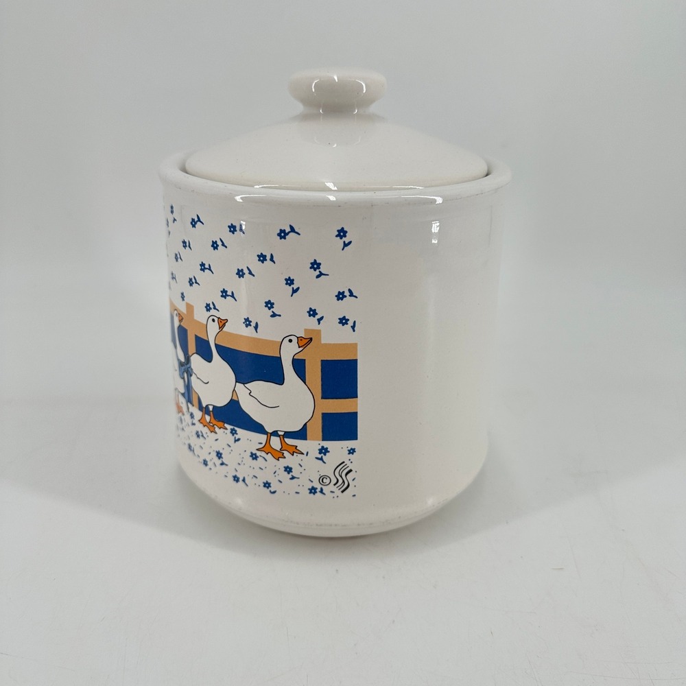 Vintage Country Geese Ceramic Canister with Lid Blue Ribbon Farmhouse Jar - Picture 2 of 7